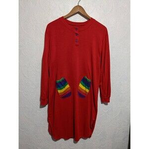 Rainbow Pocket Red Knit Novelty Nightgown 80s Vintage B40 S/M